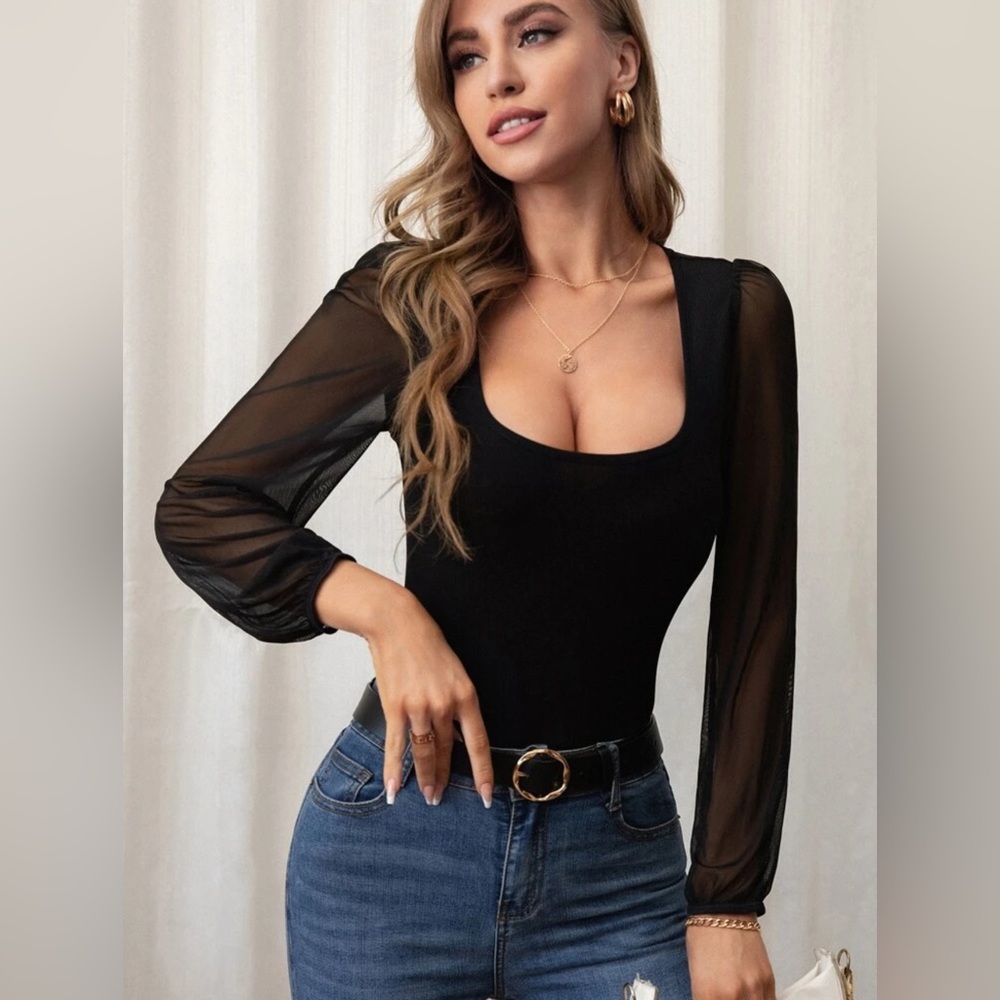 SHIEN Mesh Lantern Sleeve Swoop Neck